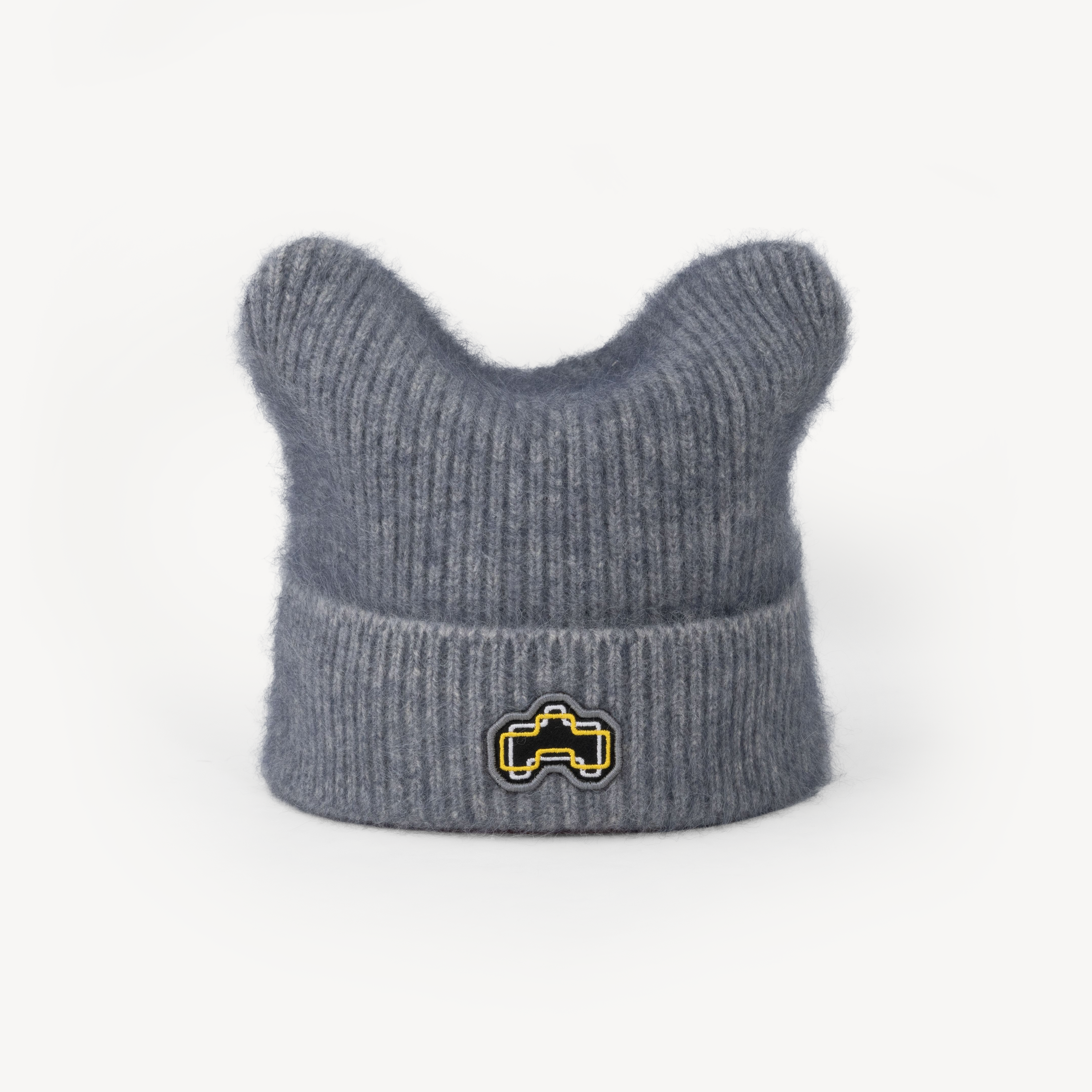 Raccoon Fur Knit Beanie with 3D Embroidered Badge