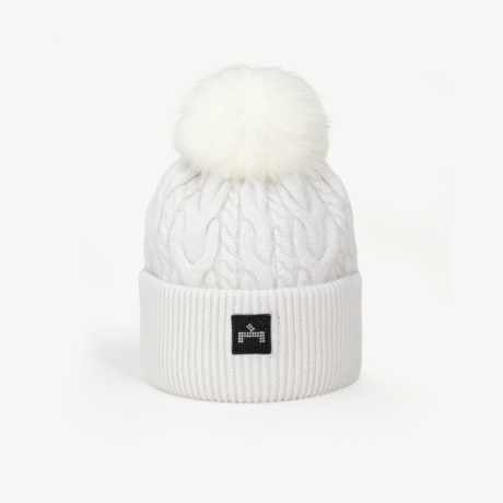 Cashmere with Lurex Cable-Knit Beanie with Fox Fur Pom-Pom