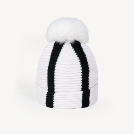 Cashmere Striped Color-Blocked Knit Beanie with Fox fur Pom-Pom